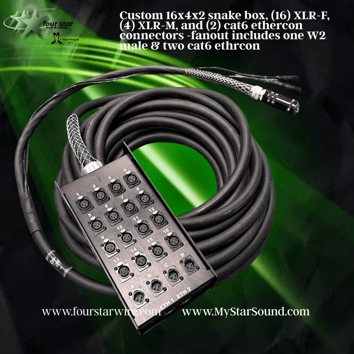 Custom 16x4x2 snake box-box features 16 XLR female, 4 XLR male. two ethercon connectors-fanout includes one W2 male and two Cat6 ethercon