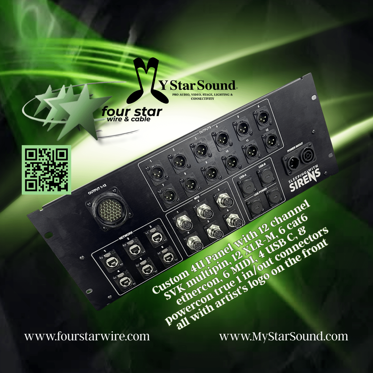 Custom 4U panel with 12 channel SVK multipin, 12 XLR male, 6 Cat6 ethercon, 6 MIDI, 4 USB-C and powercon True 1 in/out connectors all with artists logo on front