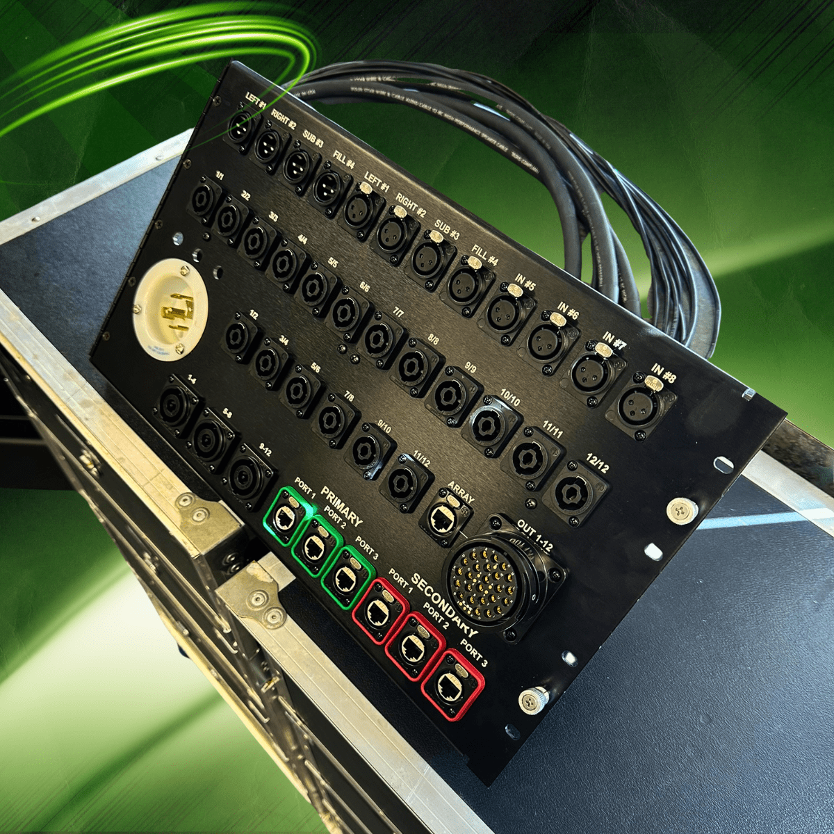 Custom 8U Hinged Rack Panel w/LKA32/25+8 split to three NL8 split to six NL4 split to twelve NL2 all with tails. This panel takes one multipin connector containing 12 speaker lines with one line of Cat6 & splitsall lines separately across NL8, NL4, NL2, and ethercon connectors