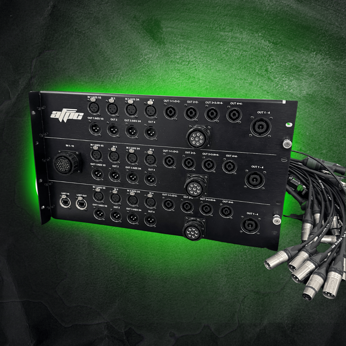 Custom 6 space hinged panel with CPC Multipin breakout to XLR & CaCom breakouts to NL8 & NL4