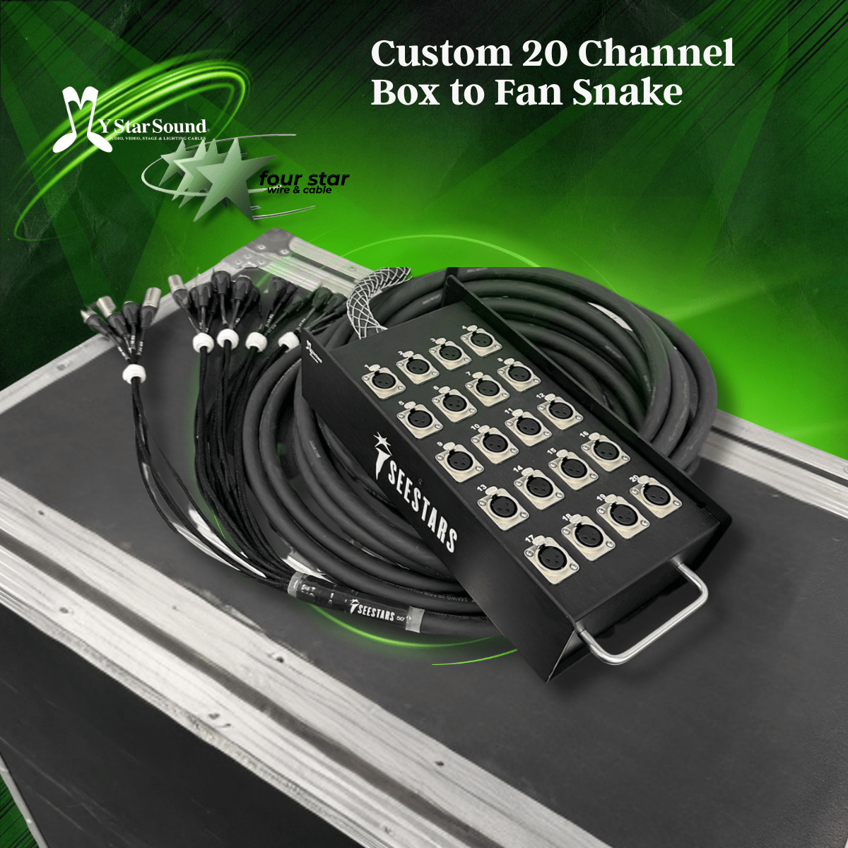 Channel Box to fan snake featuring custom logo at fanout and box along with added handle on the box