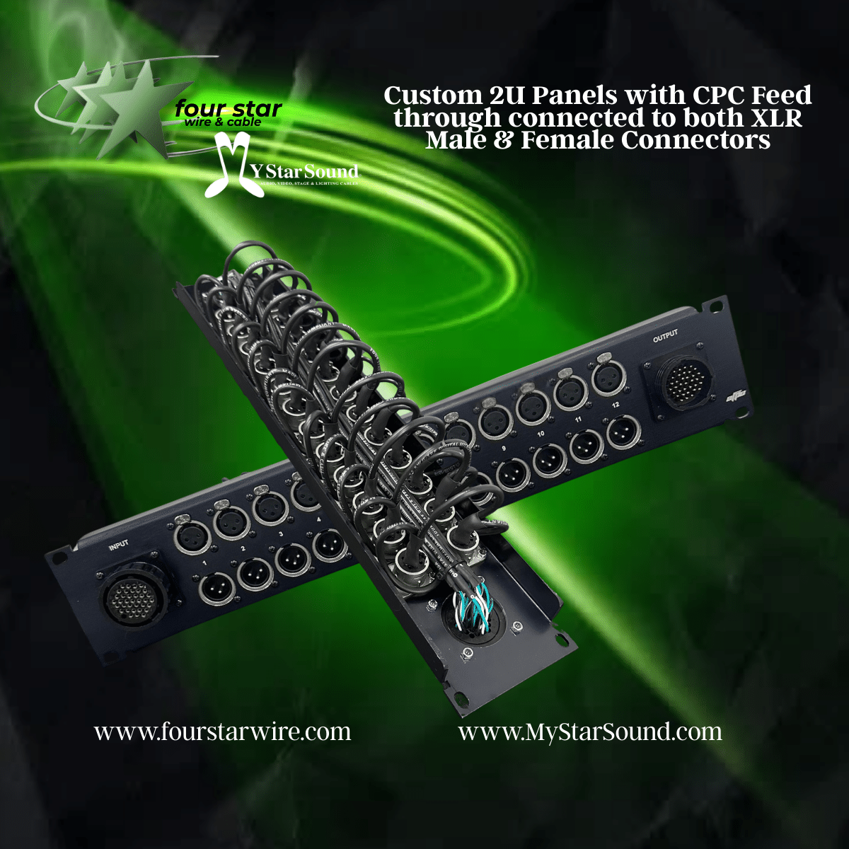 Custom 2U panels with CPC feedthrough all connected to both the XLR male and XLR female connectors