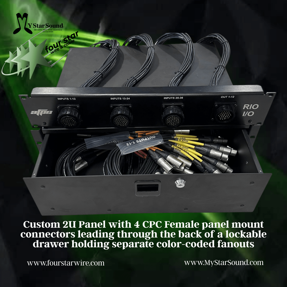 Custom 2U panels with CPC feedthrough all connected to both the XLR male and XLR female connectors